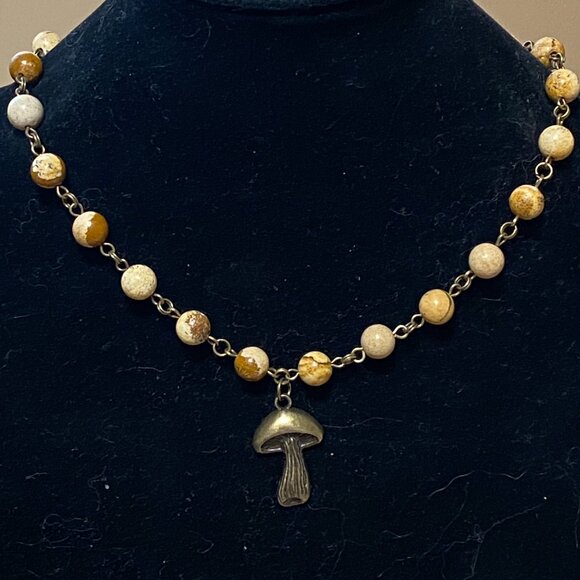 Genuine Yellow Picture Jasper Short Necklace, Bronze Slim Mushroom + Gemstone - Picture 3 of 15